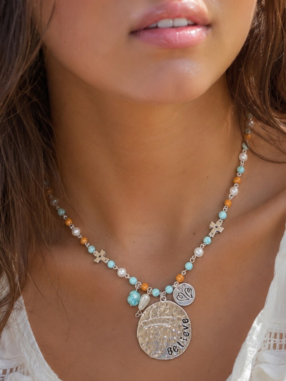 Large Believe Cross Silver Charm Pendant On Rosary Style Beaded Necklace